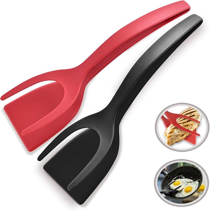 2 in 1 Flipper Spatula with tongs - Nylon Easy Grip Flip Spatula